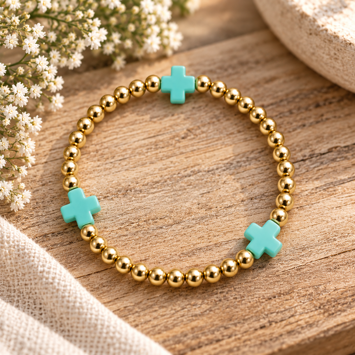 Gold Beaded Cross Bracelet
