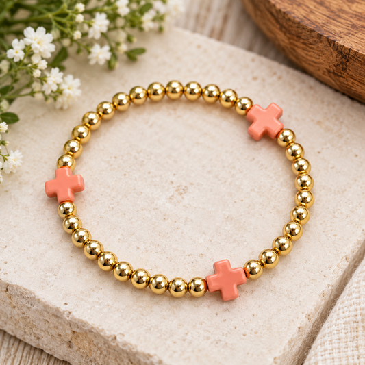 Gold Beaded Cross Bracelet